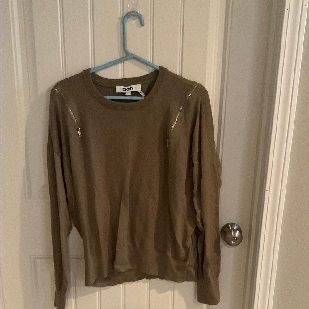DKNY Olive Green Sweatshirt with Zipper Accents